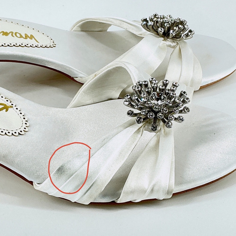 Sam Edelman Size 7.5 White Satin Rhinestone Kitten Heel Slide Mules Cindie - Picture 3 of 13